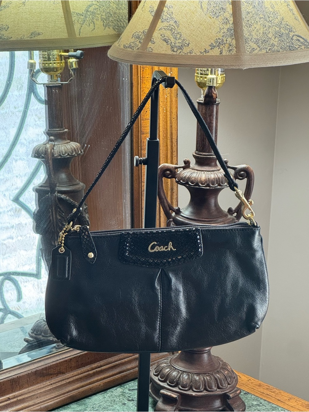 Coach Black Leather Wristlet Clutch with Python Trim